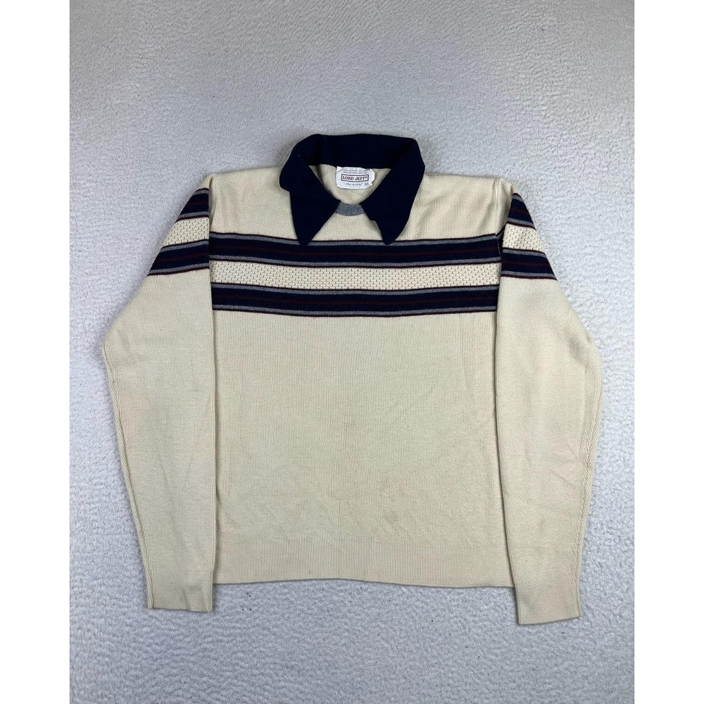 Vintage Lord Jeff Sweater Mens Medium Beige Polo Collar Striped 70's 80's USA